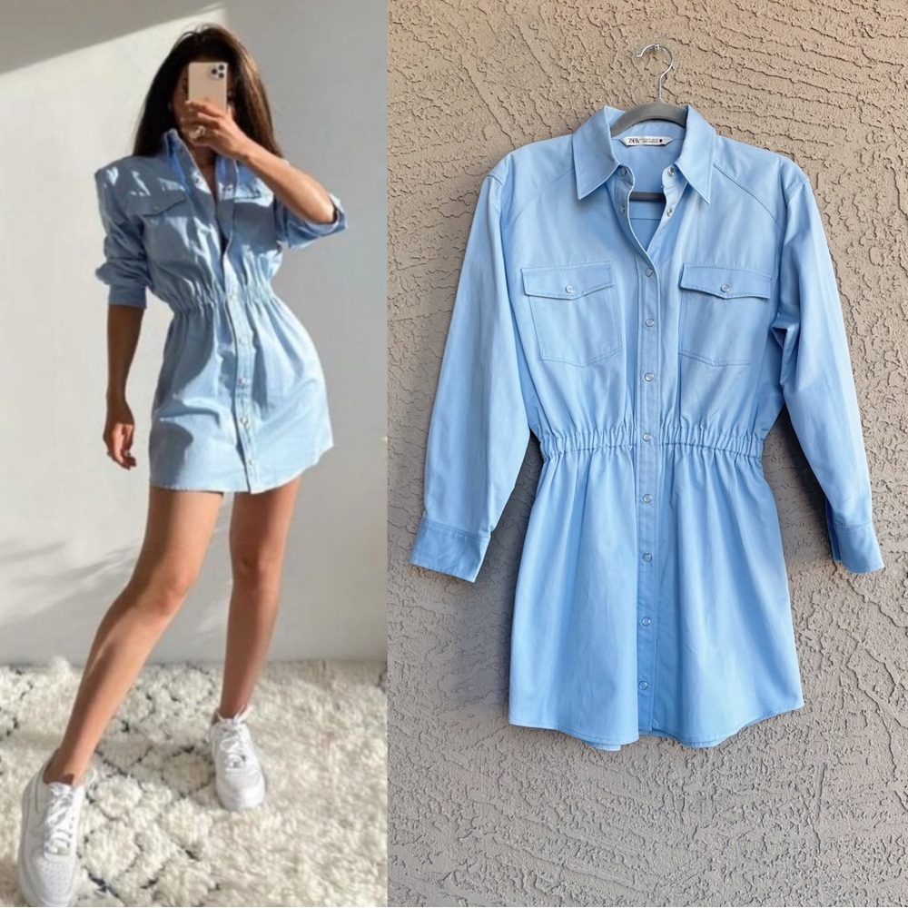 ZARA BLOGGER FAVE Light Blue Linen Blend Snap Long Sleeve Shirtdress Shirt Dress - Picture 6 of 15